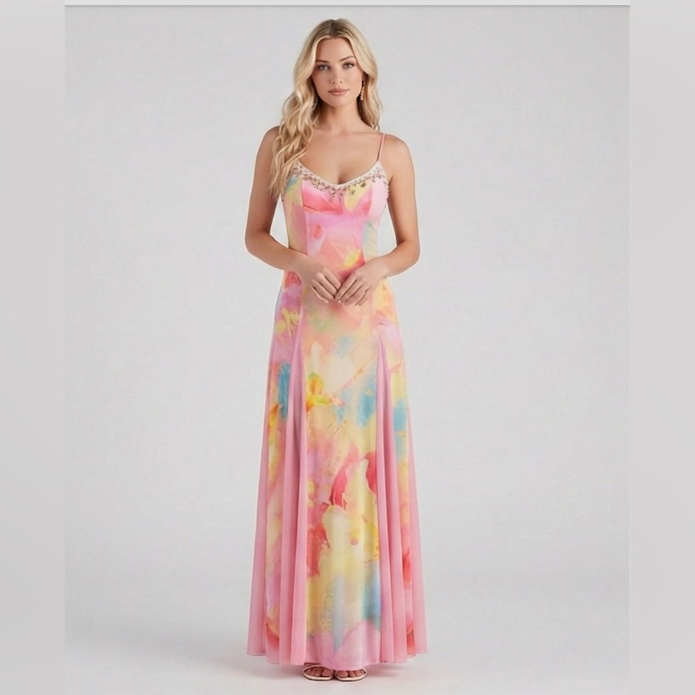 Y2K Pastel Pink Watercolor Mesh Maxi Dress - Picture 3 of 13